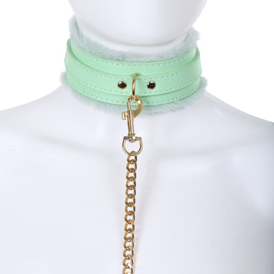 Aqua Fluffy Collar & Gold Chain Leash by Fetish Pleasure Play