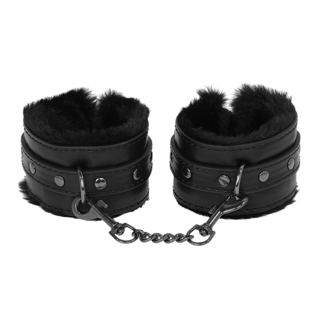 Black Fluffy Wrist Cuffs with Chain by Fetish Pleasure Play