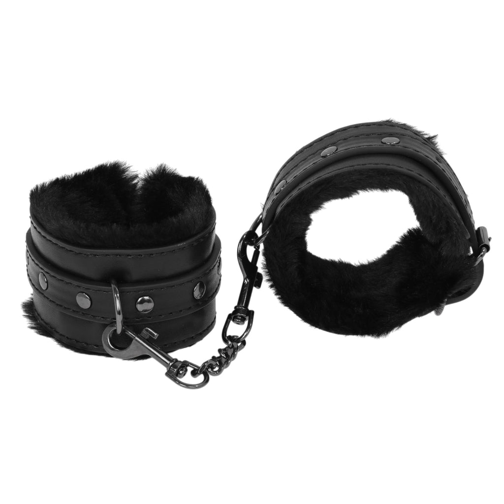 Black Fluffy Wrist Cuffs with Chain by Fetish Pleasure Play