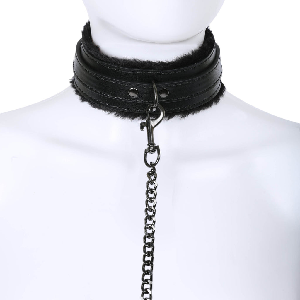 Black Fluffy Collar & Chain Leash by Fetish Pleasure Play
