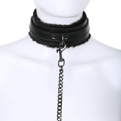 Black Fluffy Collar & Chain Leash by Fetish Pleasure Play