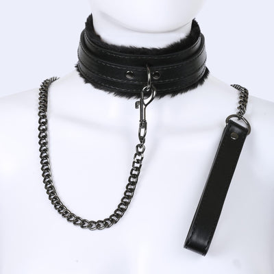 Black Fluffy Collar & Chain Leash by Fetish Pleasure Play