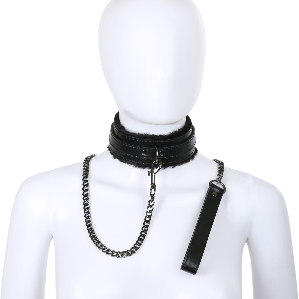 Black Fluffy Collar & Chain Leash by Fetish Pleasure Play