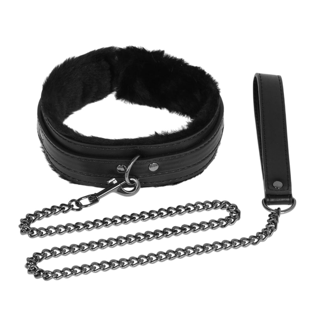 Black Fluffy Collar & Chain Leash by Fetish Pleasure Play