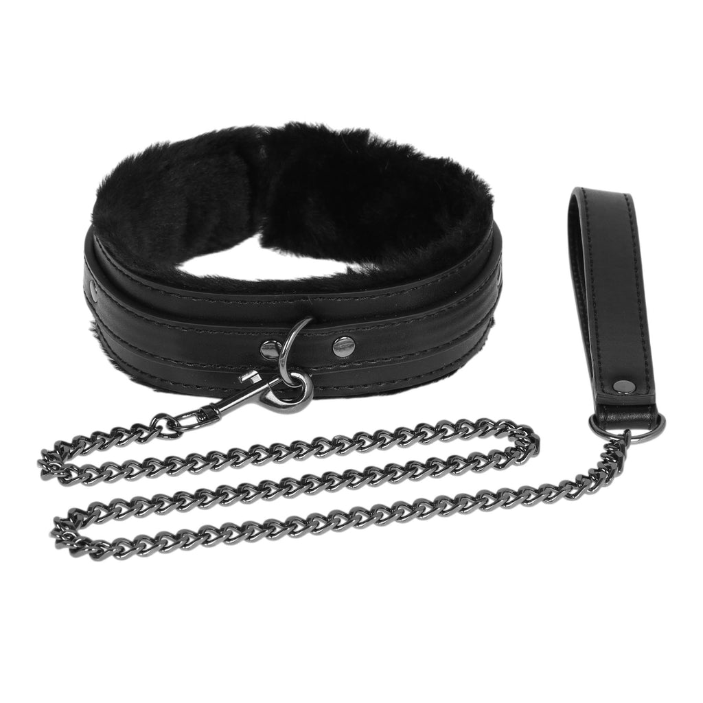 Black Fluffy Collar & Chain Leash by Fetish Pleasure Play
