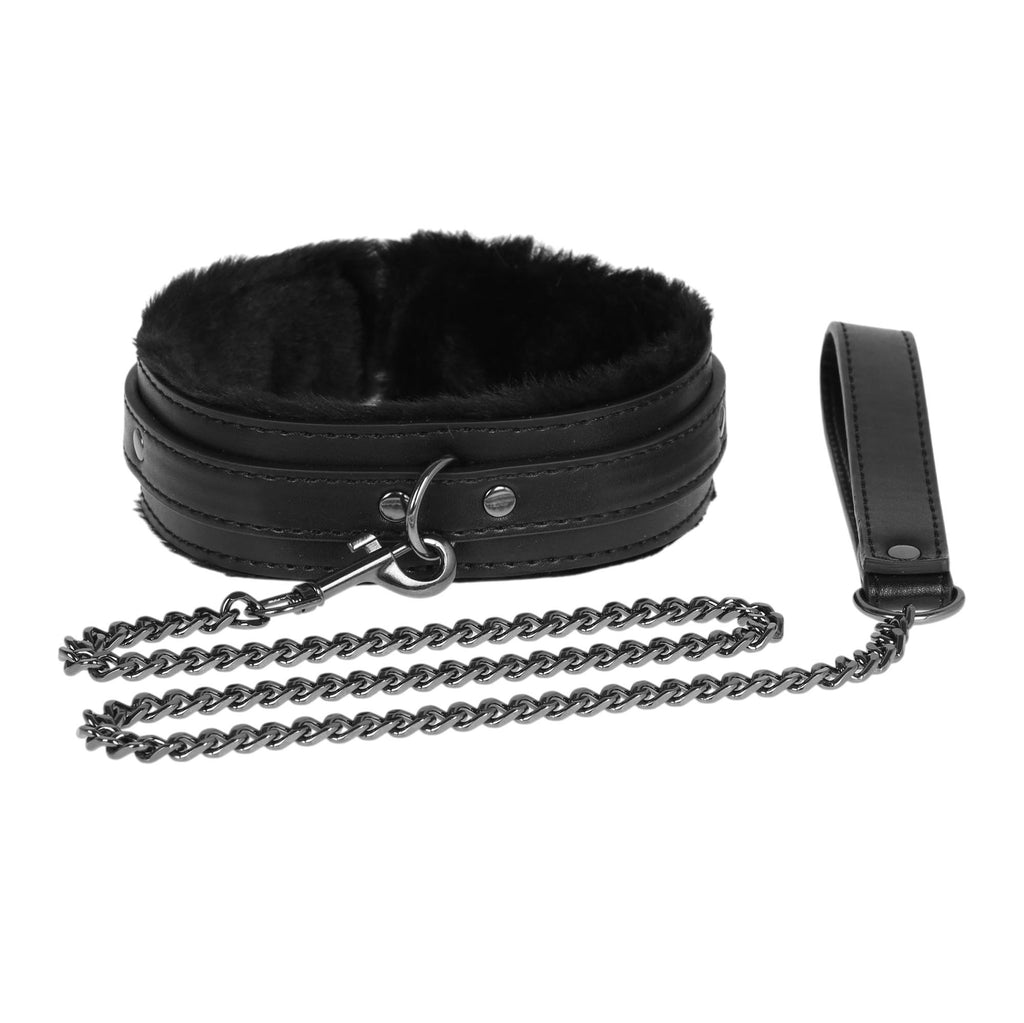 Black Fluffy Collar & Chain Leash by Fetish Pleasure Play