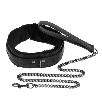 Black Fluffy Collar & Chain Leash by Fetish Pleasure Play