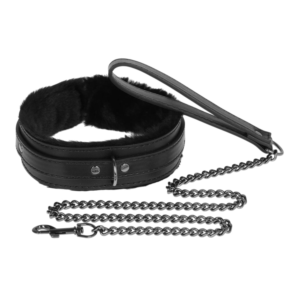 Black Fluffy Collar & Chain Leash by Fetish Pleasure Play