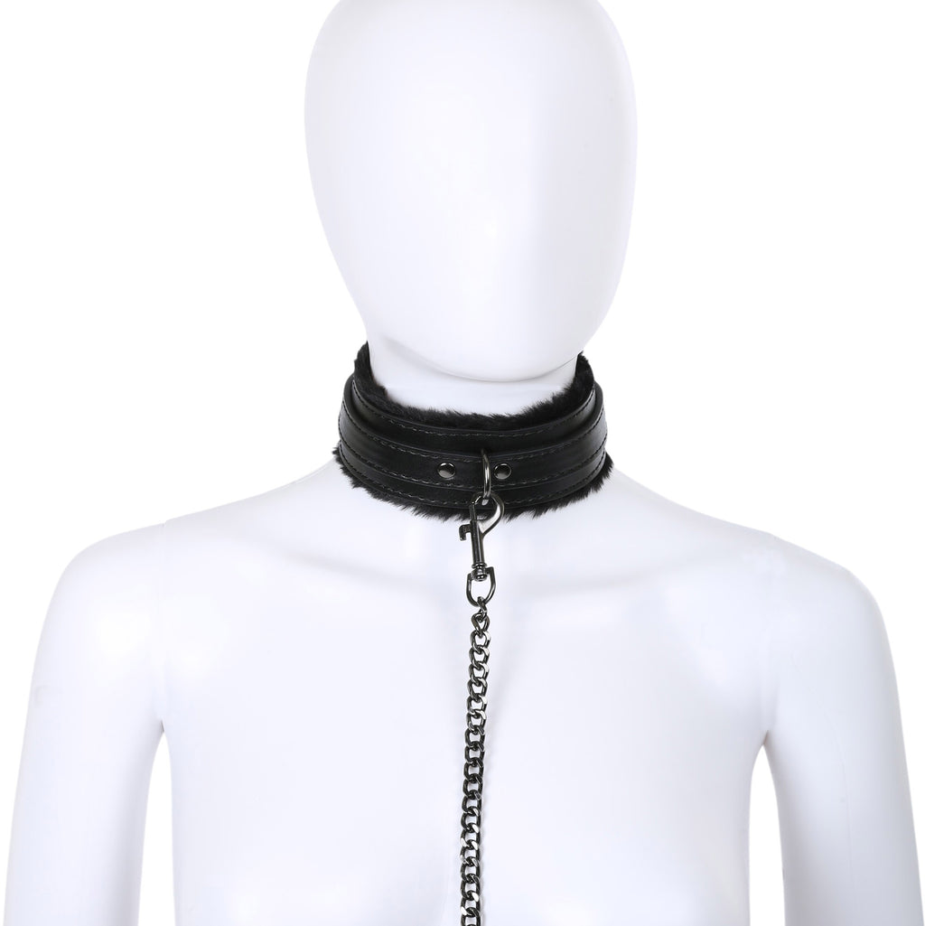 Black Fluffy Collar & Chain Leash by Fetish Pleasure Play