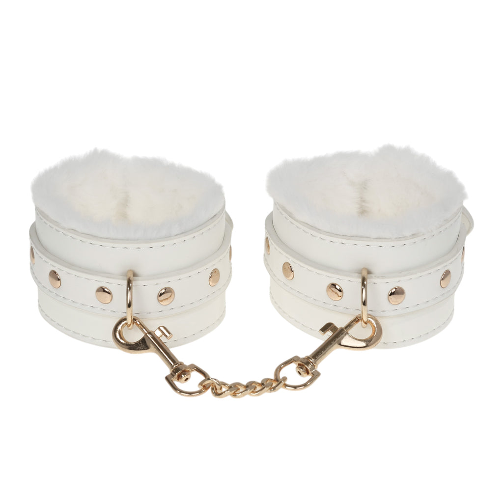 White Fluffy Wrist Cuffs with Gold Chain by Fetish Pleasure Play