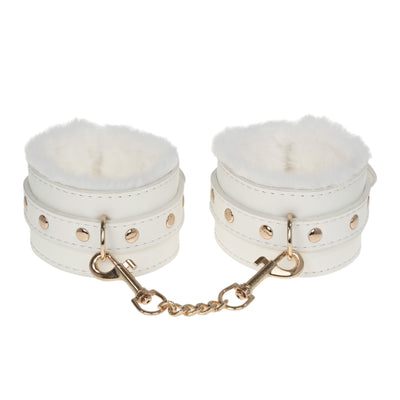White Fluffy Wrist Cuffs with Gold Chain by Fetish Pleasure Play