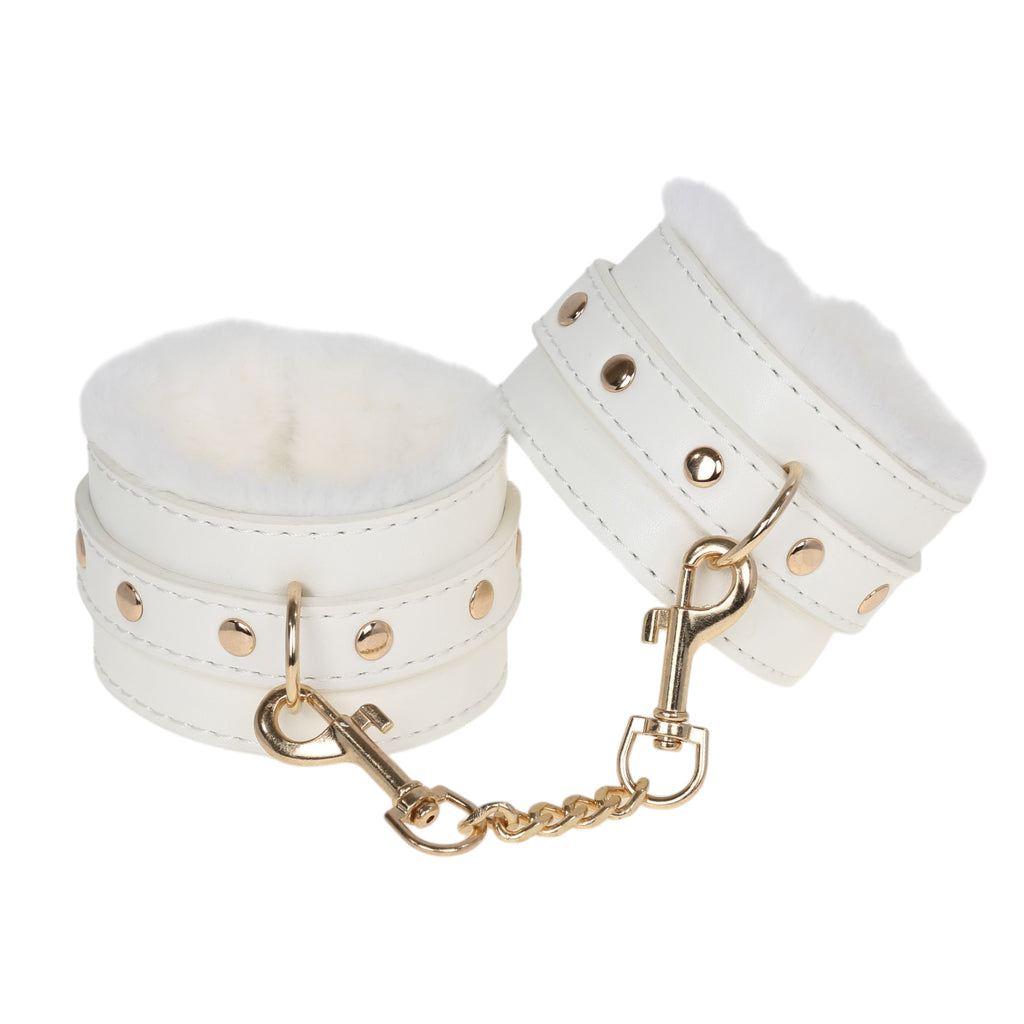 White Fluffy Wrist Cuffs with Gold Chain by Fetish Pleasure Play