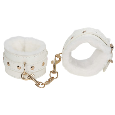White Fluffy Wrist Cuffs with Gold Chain by Fetish Pleasure Play