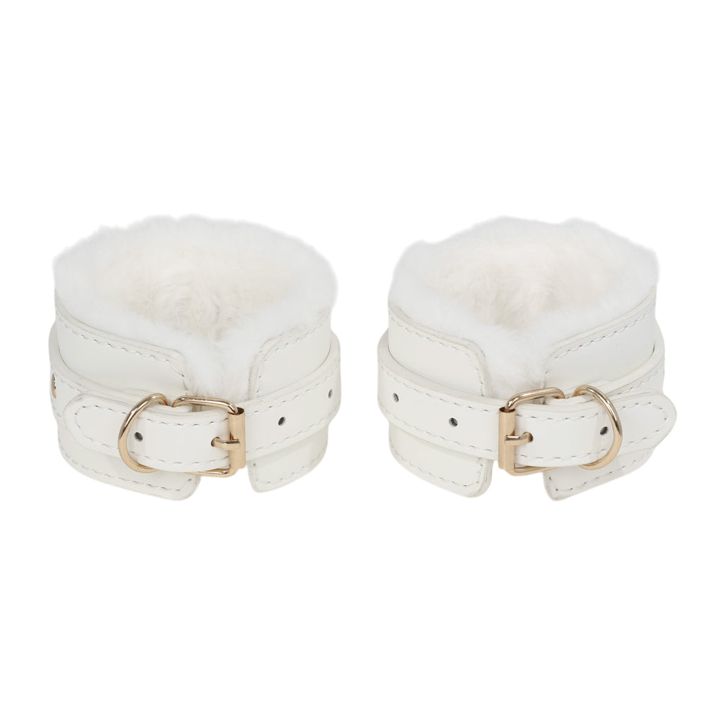 White Fluffy Wrist Cuffs with Gold Chain by Fetish Pleasure Play