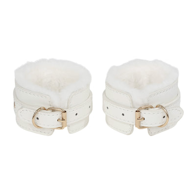 White Fluffy Wrist Cuffs with Gold Chain by Fetish Pleasure Play