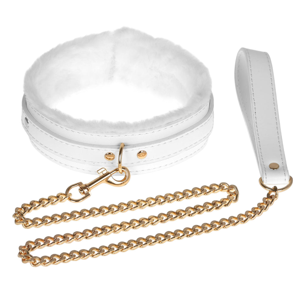 White Fluffy Collar & Chain Leash by Fetish Pleasure Play