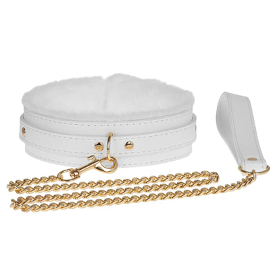 White Fluffy Collar & Chain Leash by Fetish Pleasure Play