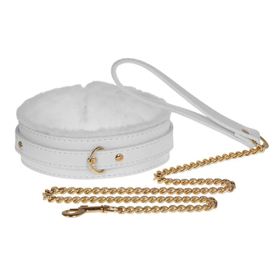 White Fluffy Collar & Chain Leash by Fetish Pleasure Play