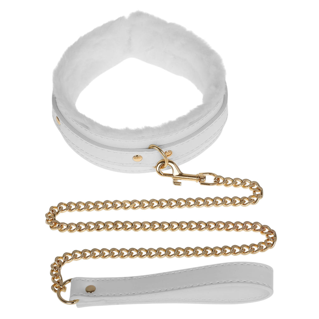 White Fluffy Collar & Chain Leash by Fetish Pleasure Play