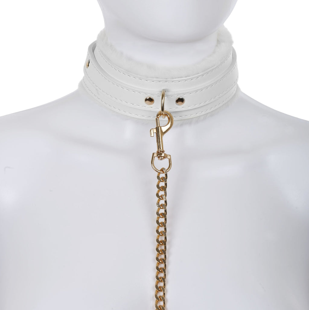 White Fluffy Collar & Chain Leash by Fetish Pleasure Play