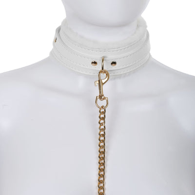 White Fluffy Collar & Chain Leash by Fetish Pleasure Play