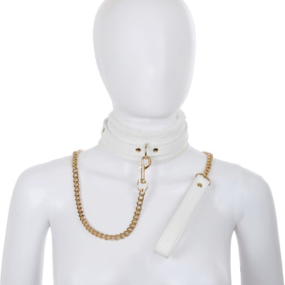White Fluffy Collar & Chain Leash by Fetish Pleasure Play