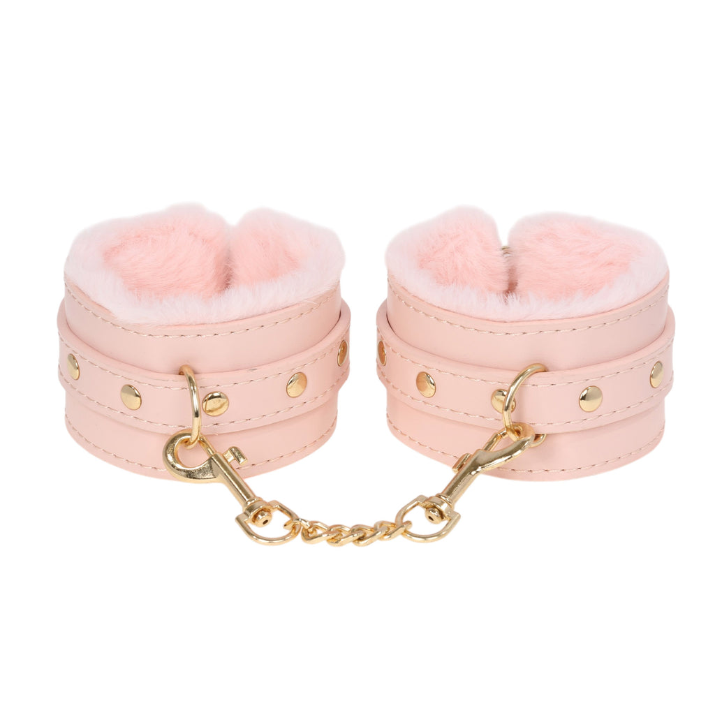 Pink Fluffy Wrist Cuffs with Gold Chain by Fetish Pleasure Play