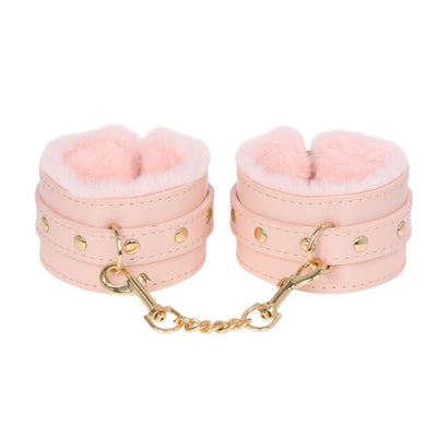 Pink Fluffy Wrist Cuffs with Gold Chain by Fetish Pleasure Play