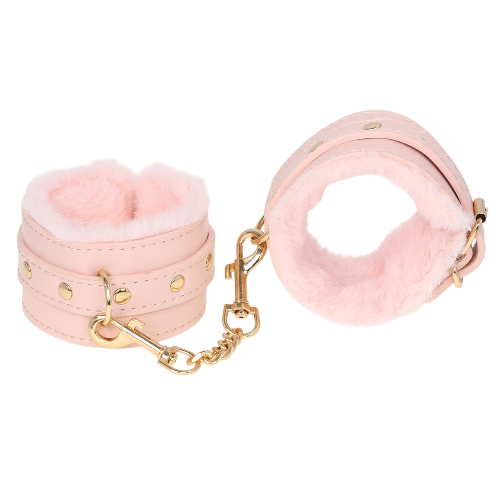 Pink Fluffy Wrist Cuffs with Gold Chain by Fetish Pleasure Play