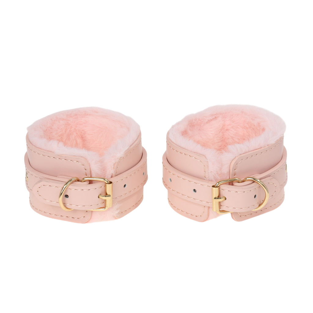 Pink Fluffy Wrist Cuffs with Gold Chain by Fetish Pleasure Play