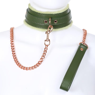 Dark Green Fluffy Collar & Chain Leash by Fetish Pleasure Play