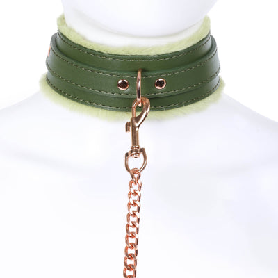 Dark Green Fluffy Collar & Chain Leash by Fetish Pleasure Play