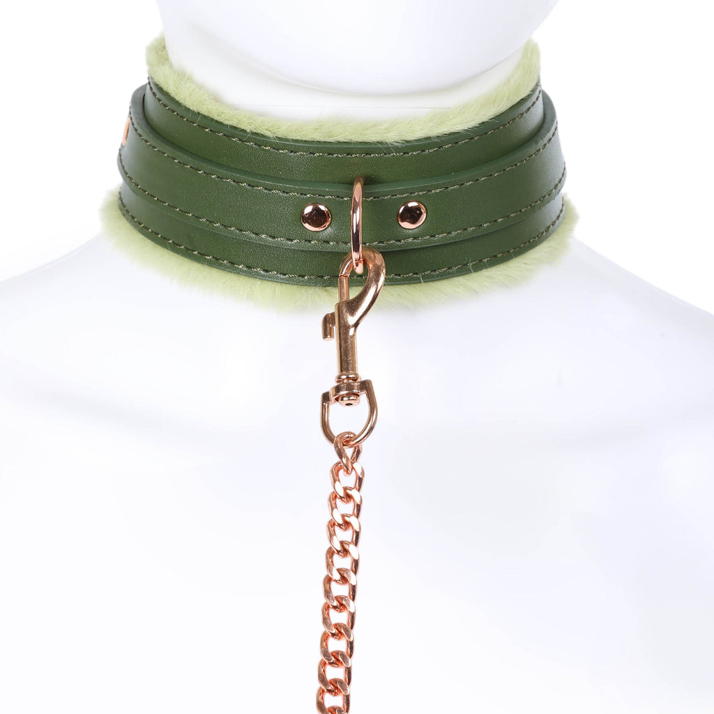 Dark Green Fluffy Collar & Chain Leash by Fetish Pleasure Play