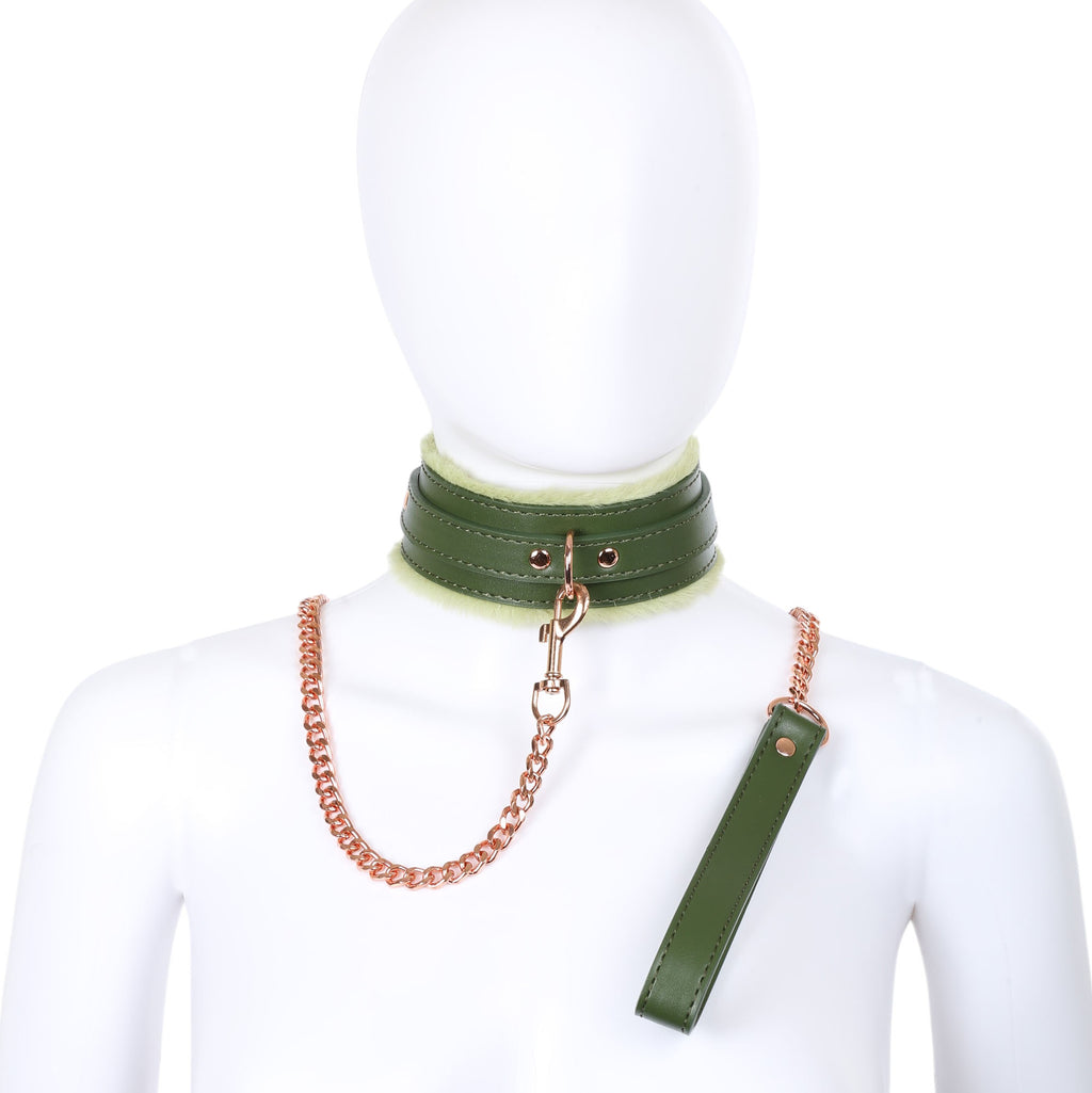 Dark Green Fluffy Collar & Chain Leash by Fetish Pleasure Play