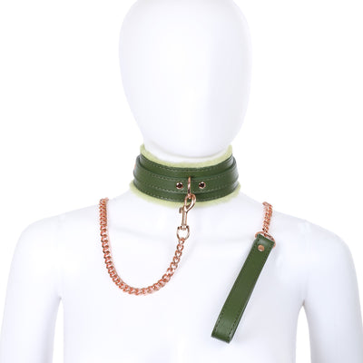 Dark Green Fluffy Collar & Chain Leash by Fetish Pleasure Play