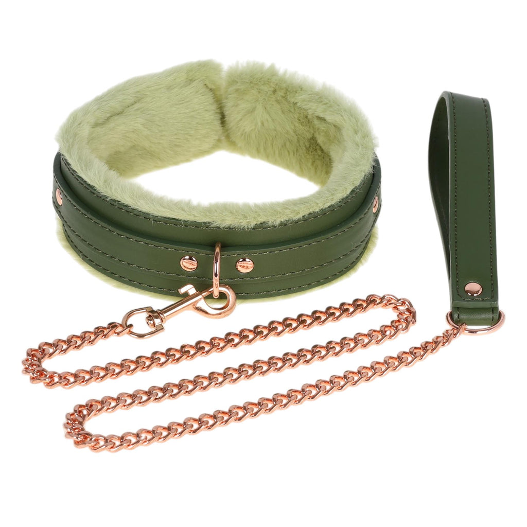 Dark Green Fluffy Collar & Chain Leash by Fetish Pleasure Play