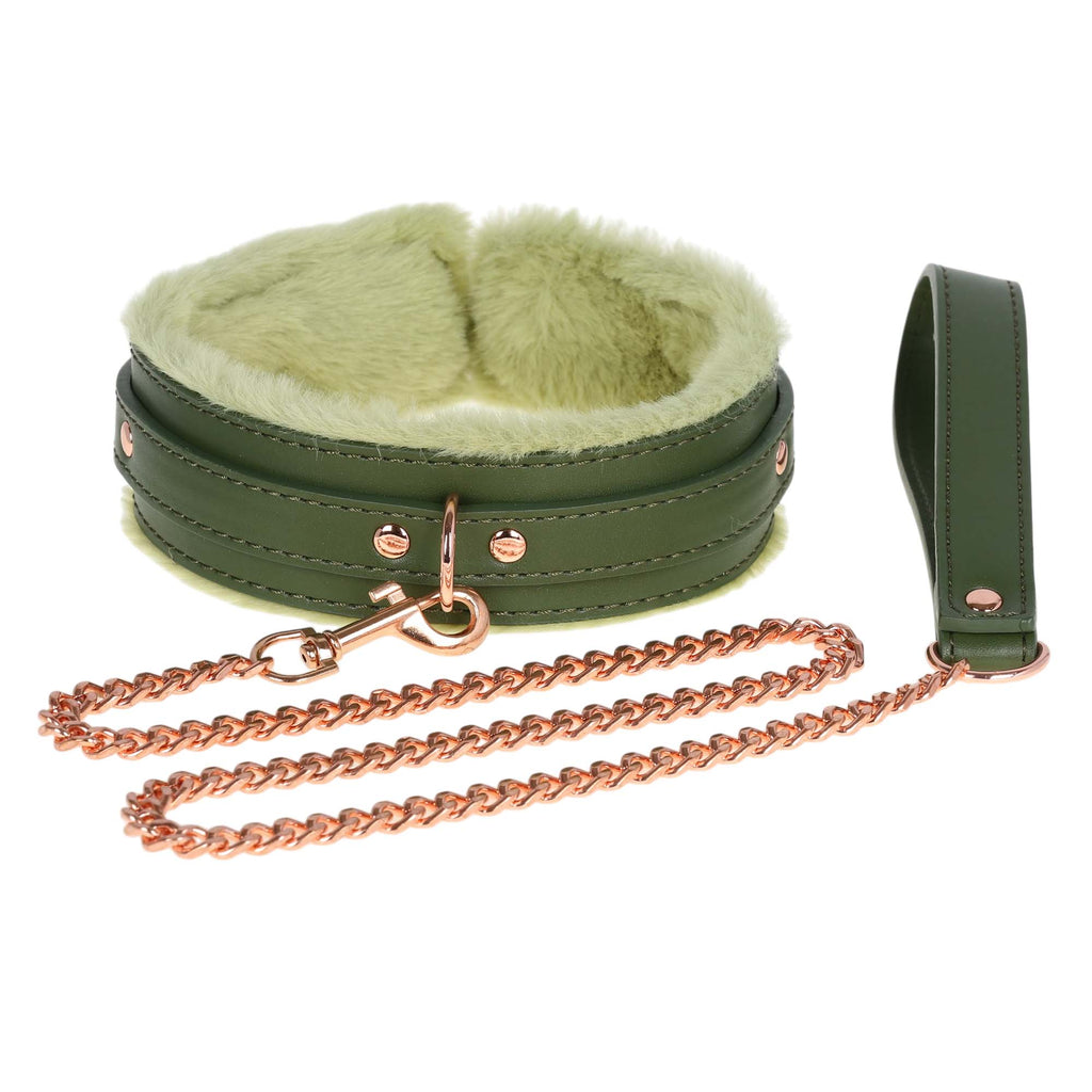 Dark Green Fluffy Collar & Chain Leash by Fetish Pleasure Play