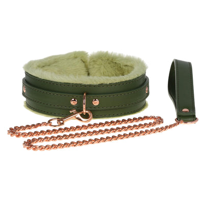 Dark Green Fluffy Collar & Chain Leash by Fetish Pleasure Play