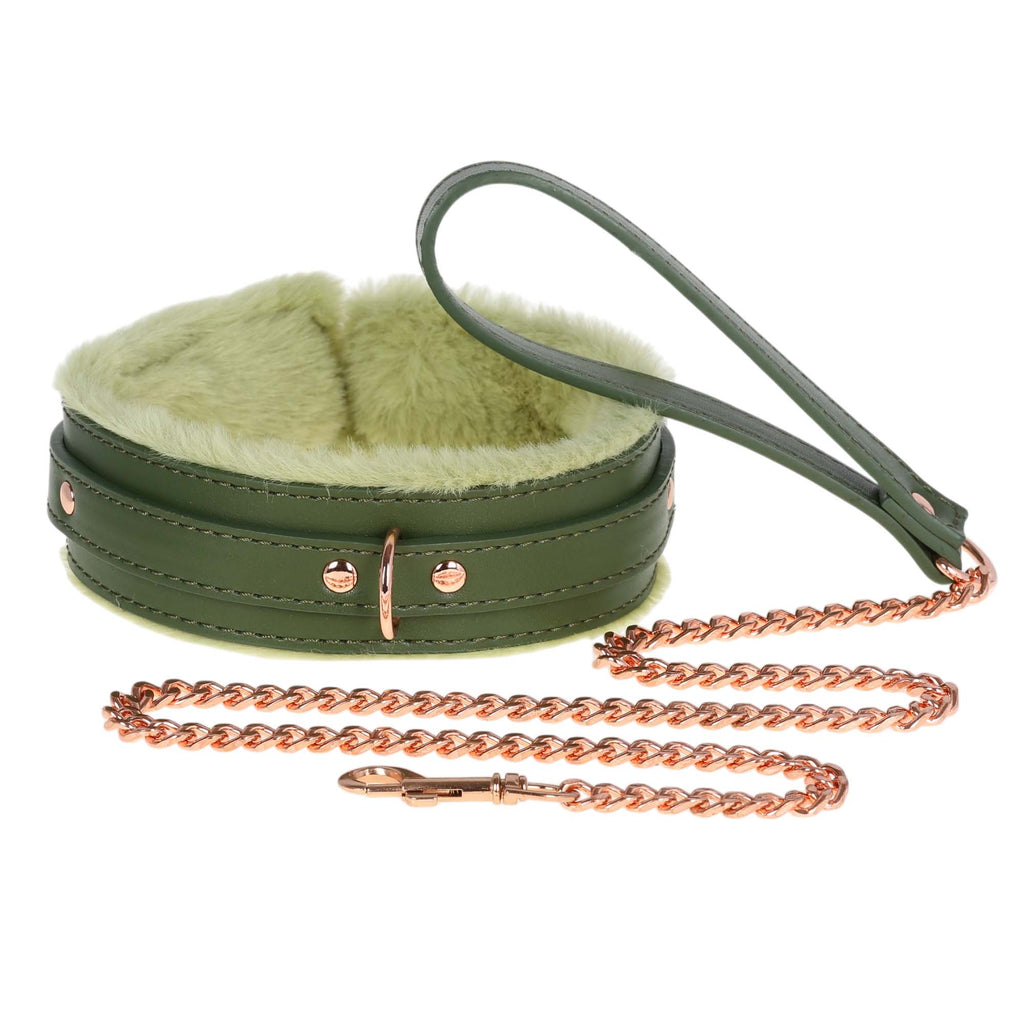 Dark Green Fluffy Collar & Chain Leash by Fetish Pleasure Play