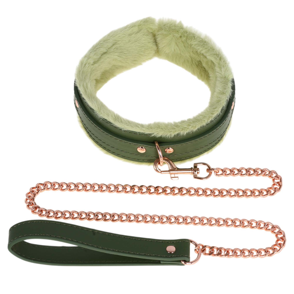 Dark Green Fluffy Collar & Chain Leash by Fetish Pleasure Play