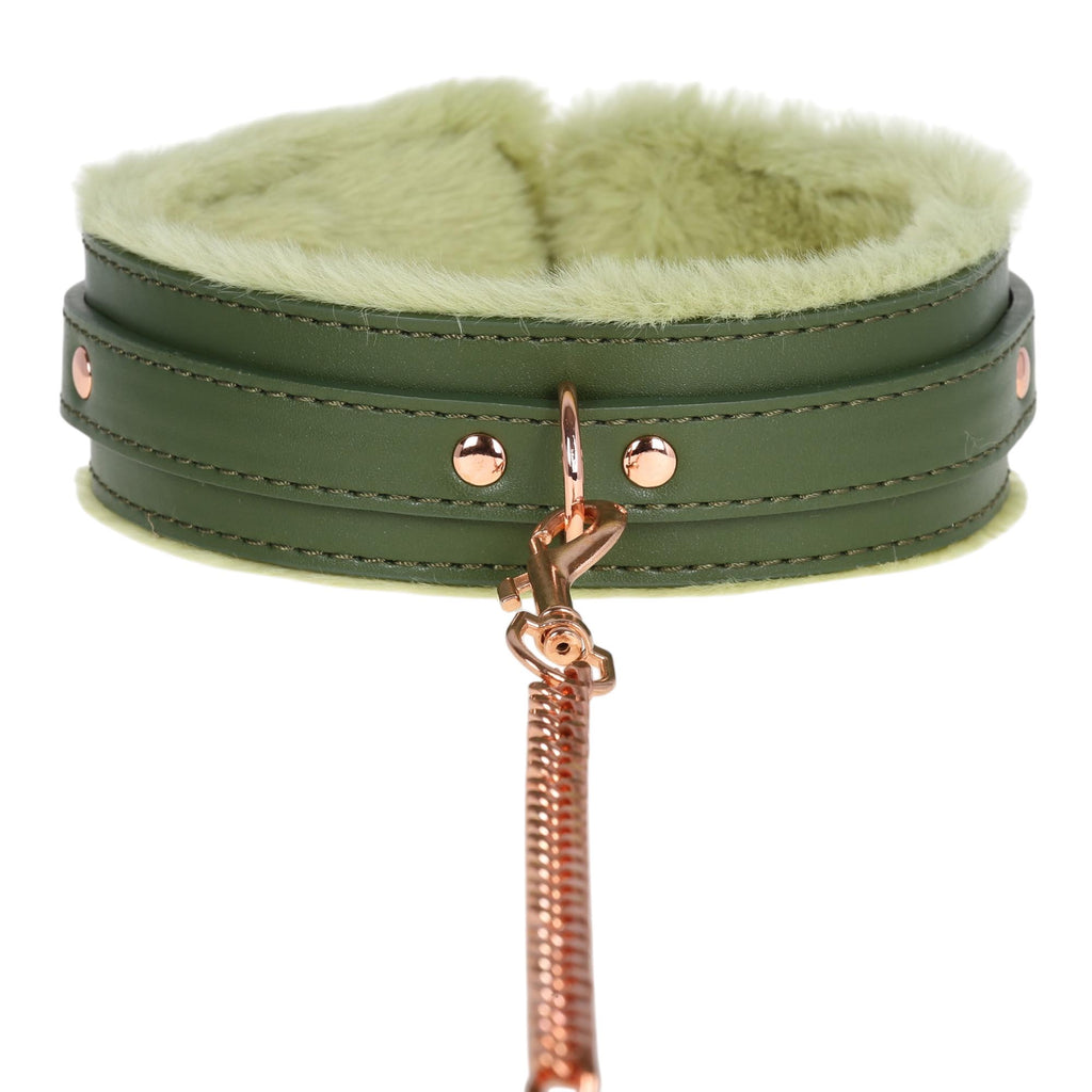 Dark Green Fluffy Collar & Chain Leash by Fetish Pleasure Play