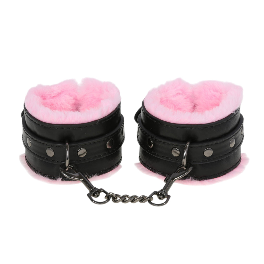 Black & Pink Fluffy Wrist Cuffs with Chain by Fetish Pleasure Play