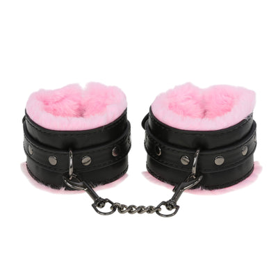 Black & Pink Fluffy Wrist Cuffs with Chain by Fetish Pleasure Play