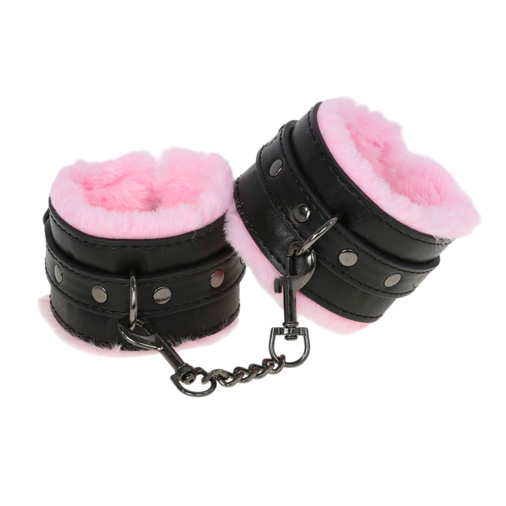 Black & Pink Fluffy Wrist Cuffs with Chain by Fetish Pleasure Play