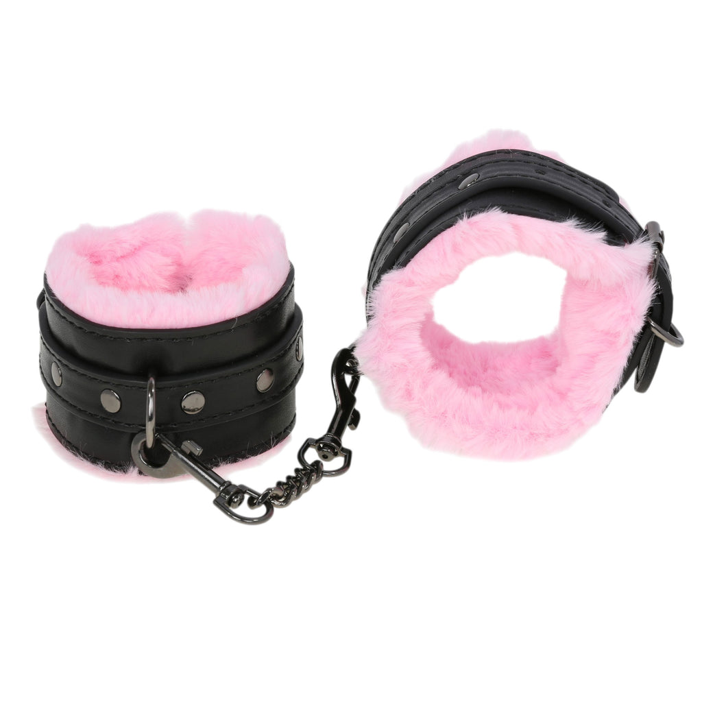 Black & Pink Fluffy Wrist Cuffs with Chain by Fetish Pleasure Play