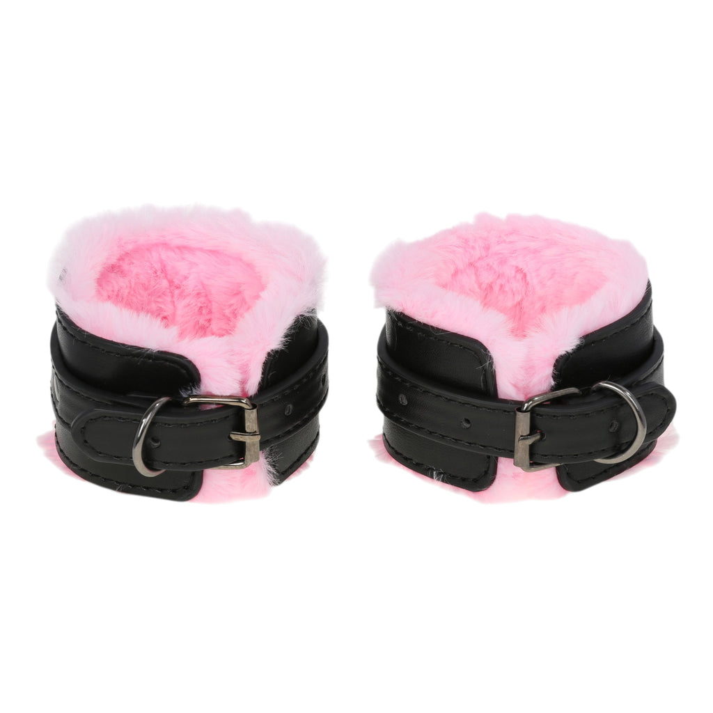 Black & Pink Fluffy Wrist Cuffs with Chain by Fetish Pleasure Play