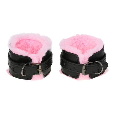 Black & Pink Fluffy Wrist Cuffs with Chain by Fetish Pleasure Play