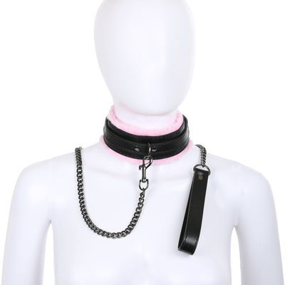 Black & Pink Fluffy Collar & Chain Leash by Fetish Pleasure Play