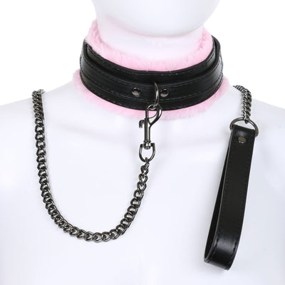 Black & Pink Fluffy Collar & Chain Leash by Fetish Pleasure Play
