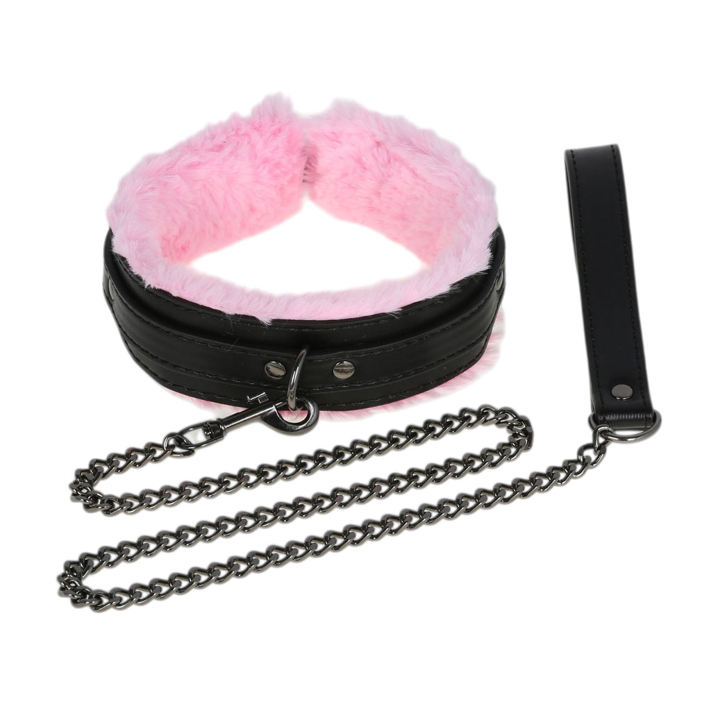 Black & Pink Fluffy Collar & Chain Leash by Fetish Pleasure Play